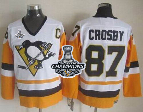 Penguins #87 Sidney Crosby White/Black CCM Throwback Stanley Cup Finals Champions Stitched NHL Jersey